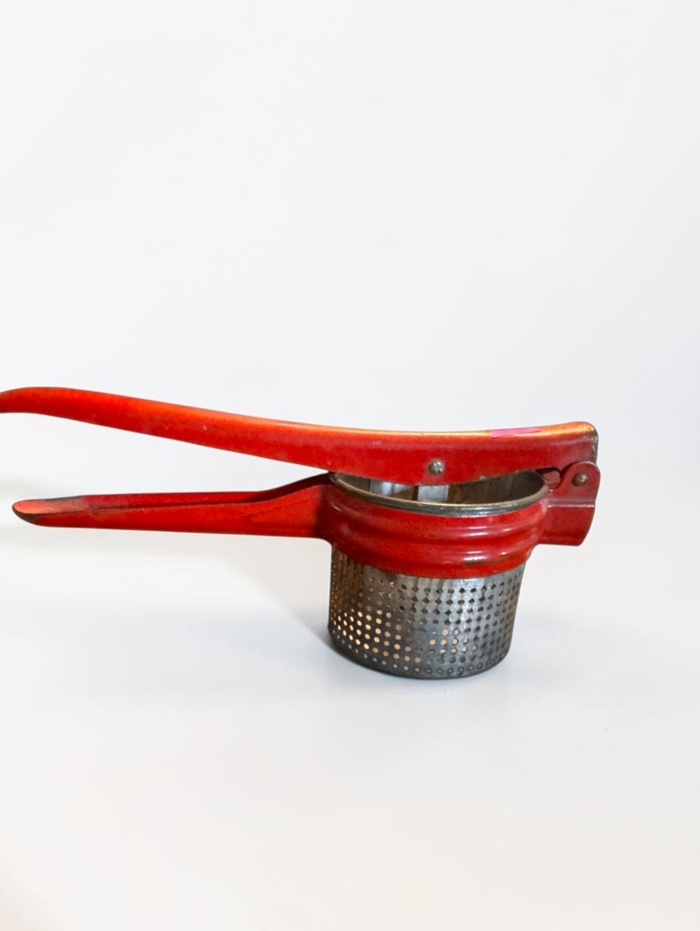 Vintage Metal Potato Ricer with Red Handles, Mid-Century Kitchen Tool